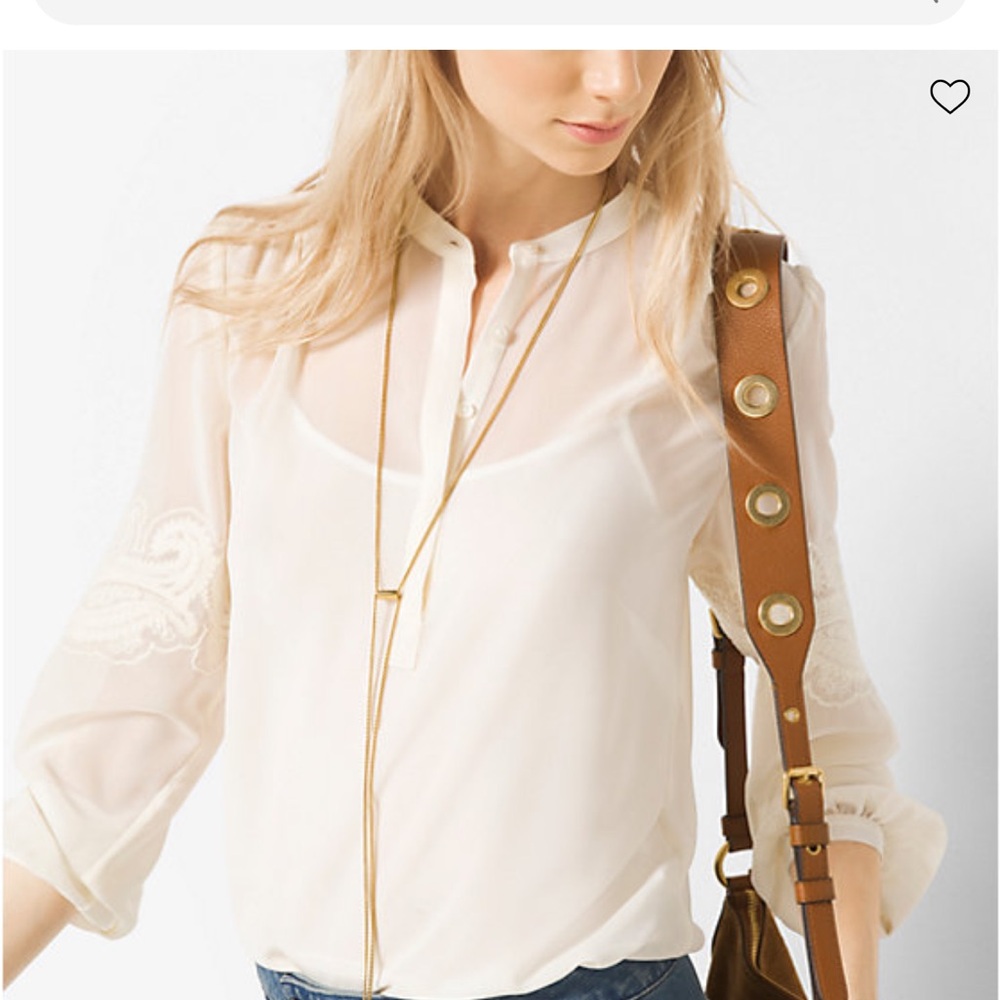 MICHAEL Michael Kors Ecru Lace-Embroidered Chiffon long sleeves blouse size M